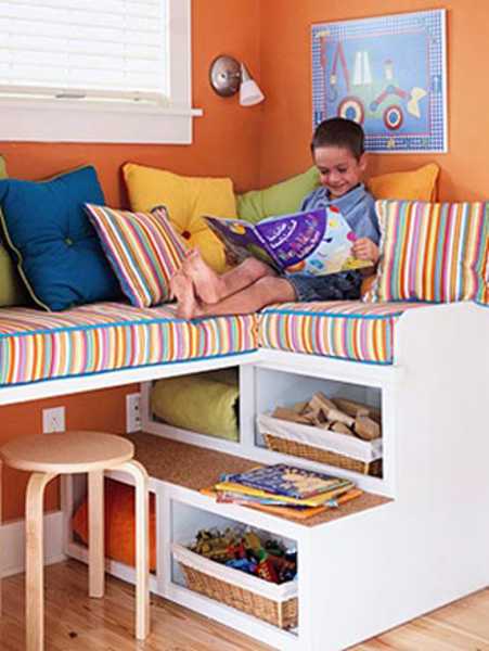 children room decorate with bright window seat cushion