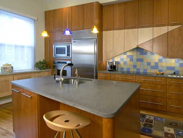 unique kitchen backsplash design and floor carpet with geometric pattern