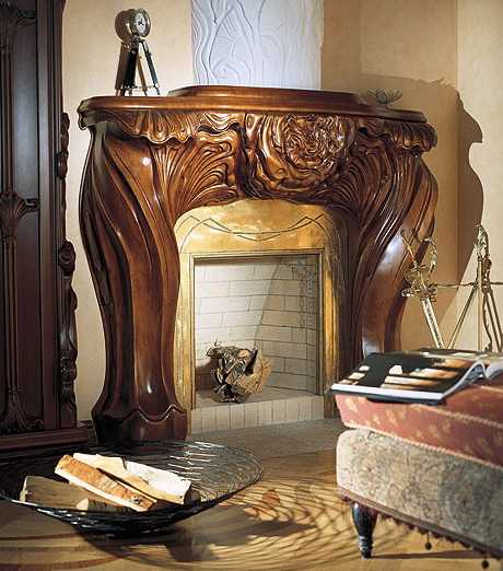 carved wood fireplace