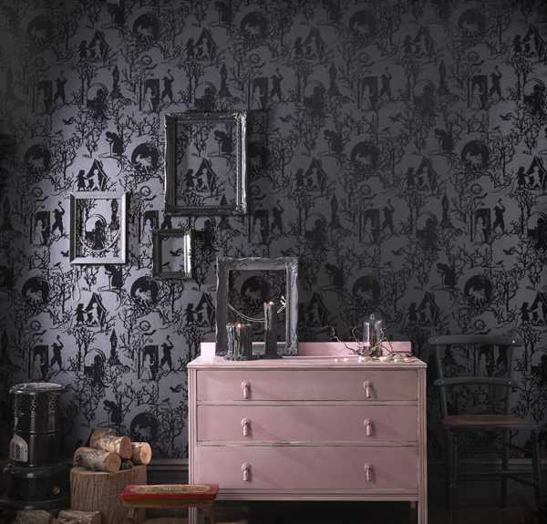 pink drawer and modern wallpaper in gray