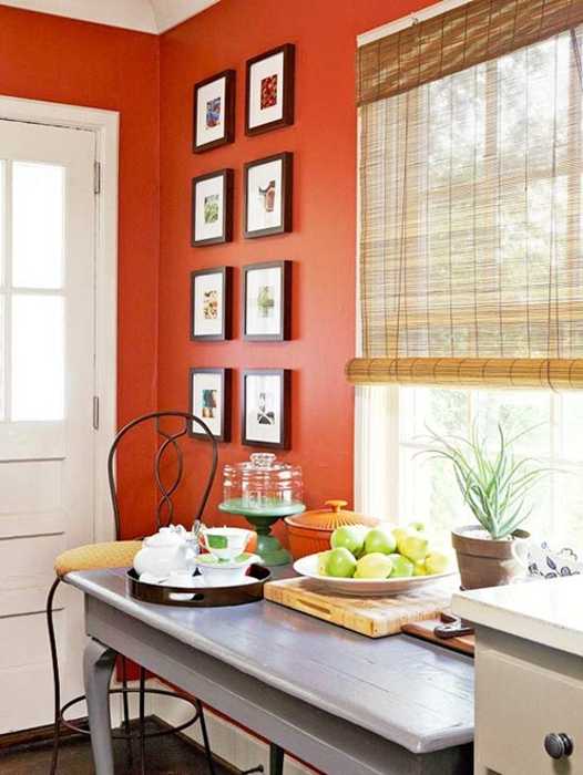 orange wall paint and bamboo roll-up blinds