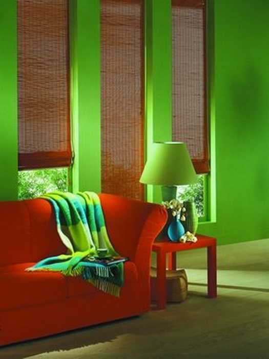 green wall paint color and bamboo roll-up blinds