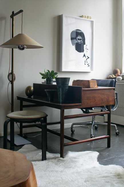 modern interior design with vintage furniture and home accessories, antique desk chair and lighting 