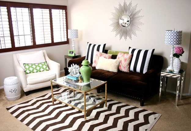 decorate striped scatter cushions and zigzag carpet for the living room