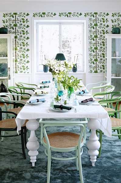 dining room decorating with turquoise carpeting and white with green wallpaper