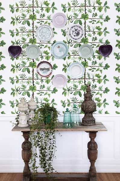 vintage furniture and home accessories, white and green wallpaper with leaf pattern