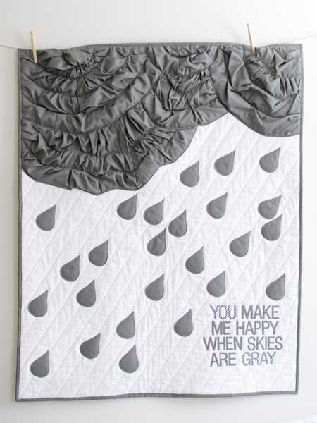 gray cloud and rain drops, handmade quilt in black and white