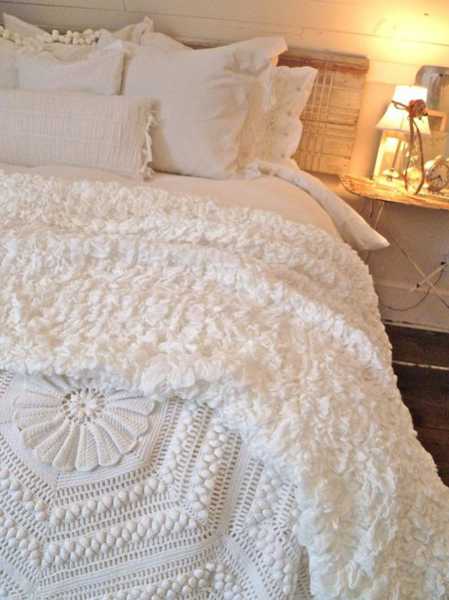 white linen with crochet throw set