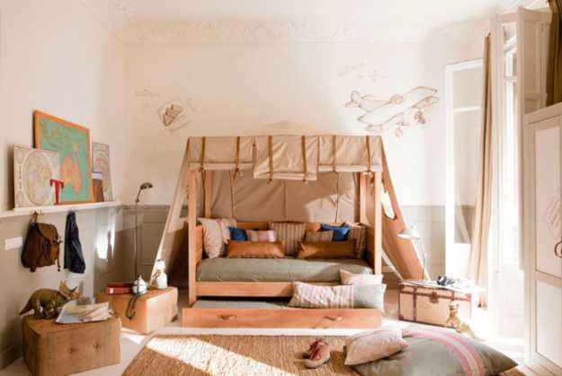 tent bunk beds and nursery decor in neutral colors 