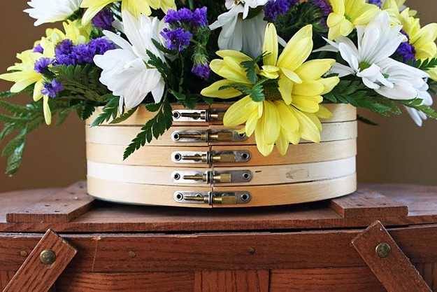 flower arrangement with wooden hoop made 