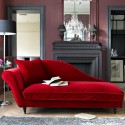 red Recamier for living room decorating with fireplace, large wall mirrors and crystal chandeliers