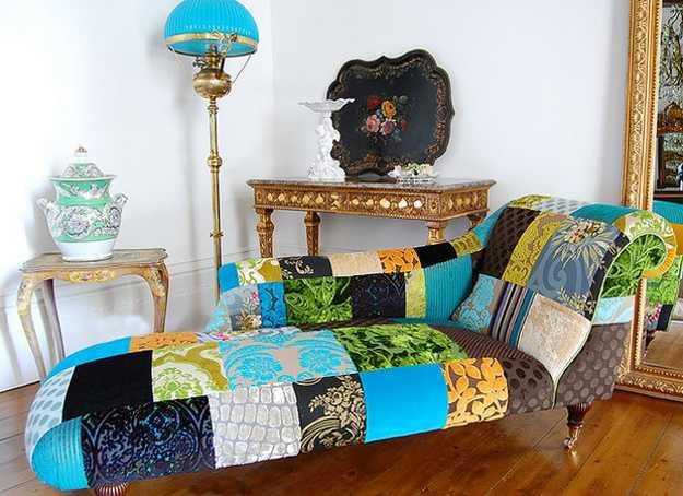colorful Recamier upholstery fabric in patchwork style