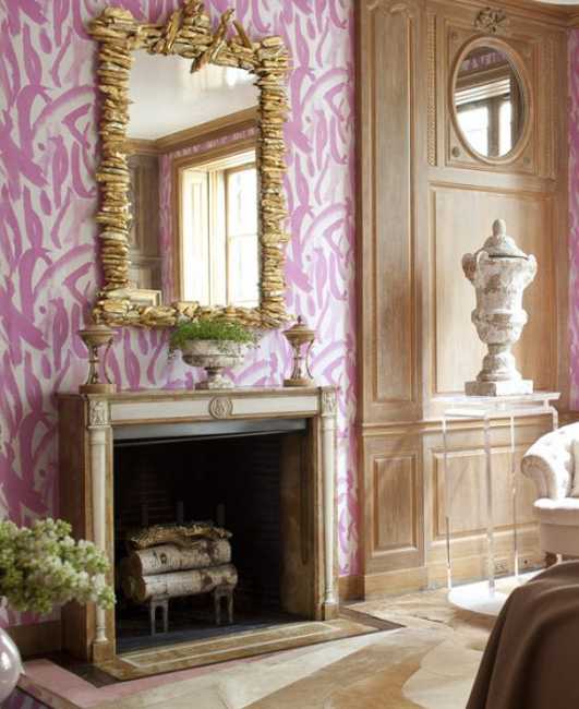 fireplace and large wall mirror