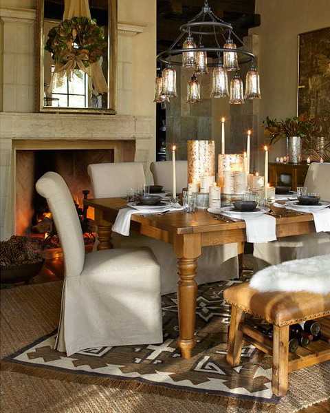 Dining decoration with wooden furniture and kilim carpet in neutral colors
