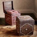 ottoman with storage, kilim fabric upholstery and decorative pillows