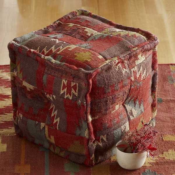 kilim stools, decorative fabric with geometric pattern