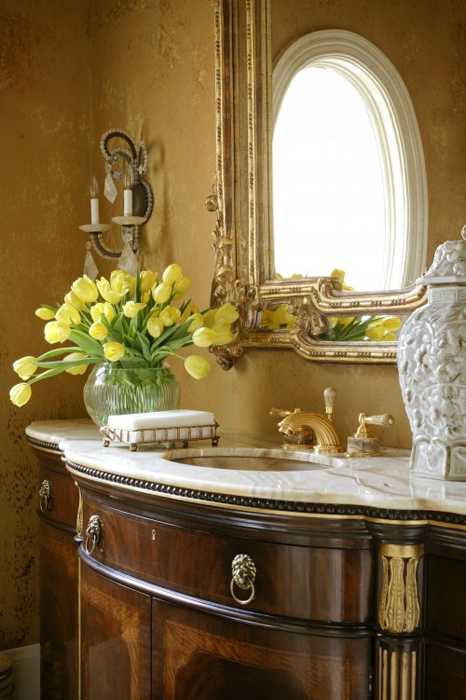 classical bathroom vanity and wall mirror, yellow flowers