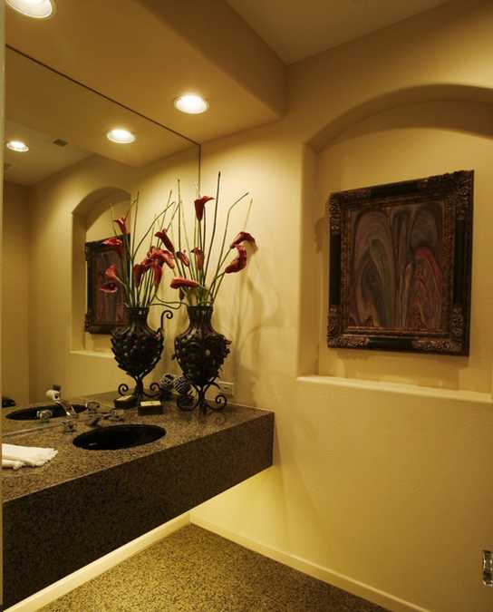  contemporary bathroom decoration with stone vanity and red flowers 
