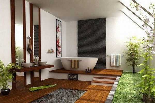 modern bathroom with a small garden and a deep soaking bathtub