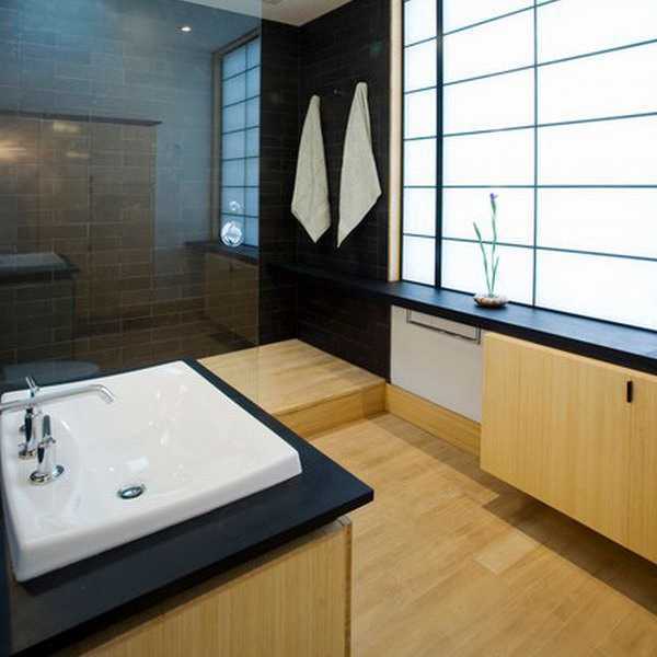modern bathroom with wood furniture