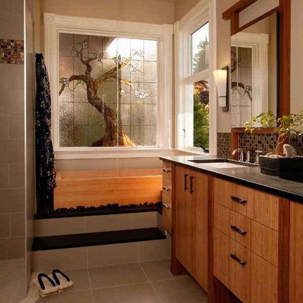 modern bathroom with wood furniture and wall art in the Japanese style