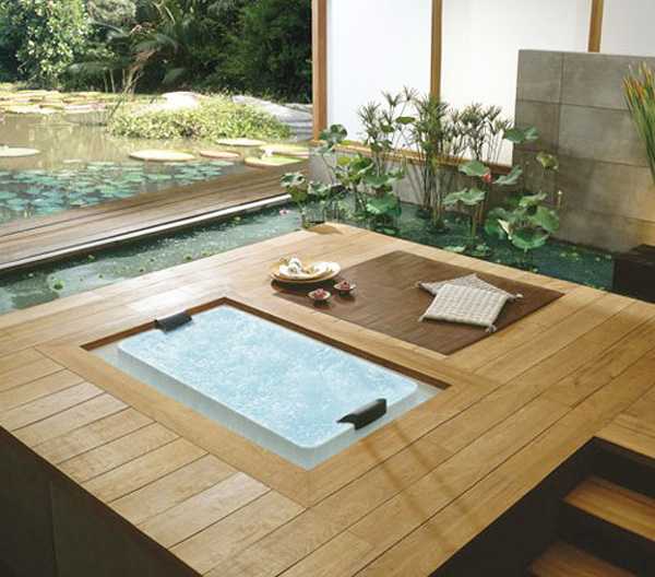Modern bathroom design with glass wall in the Japanese style