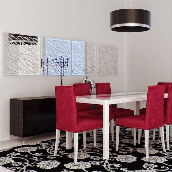 Dining decoration with red chairs and wall mirrors