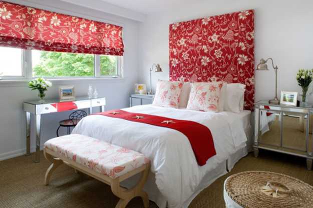 red window curtain fabric and bed headboard upholstery fabric with floral pattern