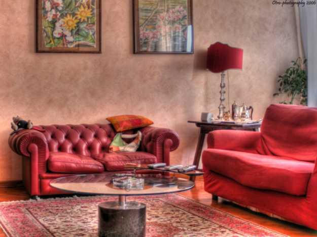 red living room furniture and lampshade