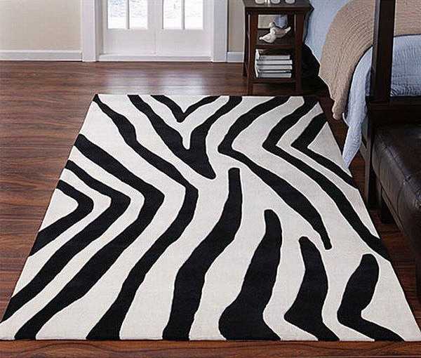 bedroom decor in black and white with zebra carpet