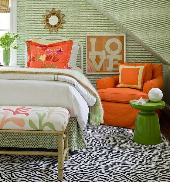 zebra carpet, green and orange colors-room