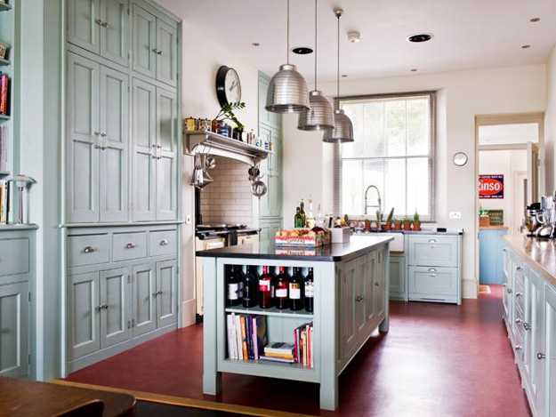 light blue kitchen cabinets and the island