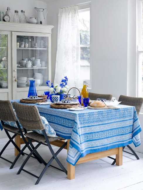 blue tablecloth with geometric pattern
