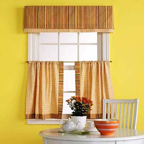yellow wall paint and decorating curtains for the kitchen