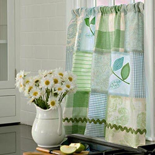 blue and green curtains with leaves designs