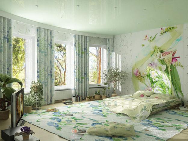 bedroom decoration with light floral curtain fabric and floral bedding