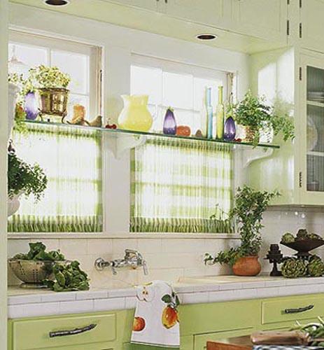 country-style kitchen curtains in white and green colors