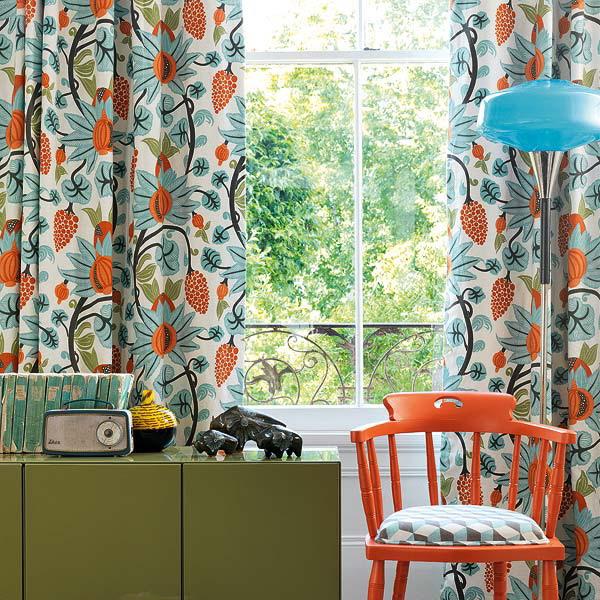 bright window curtains in green and orange colors for summer decoration