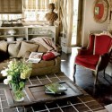vintage furniture with biege and red upholstery fabric