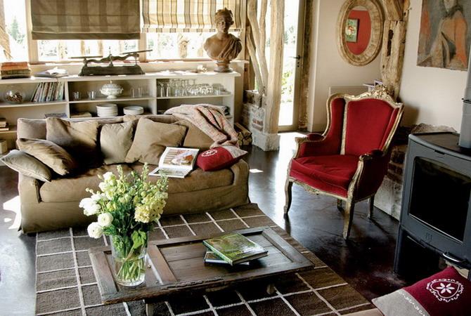 vintage furniture with bending and red upholstery fabric