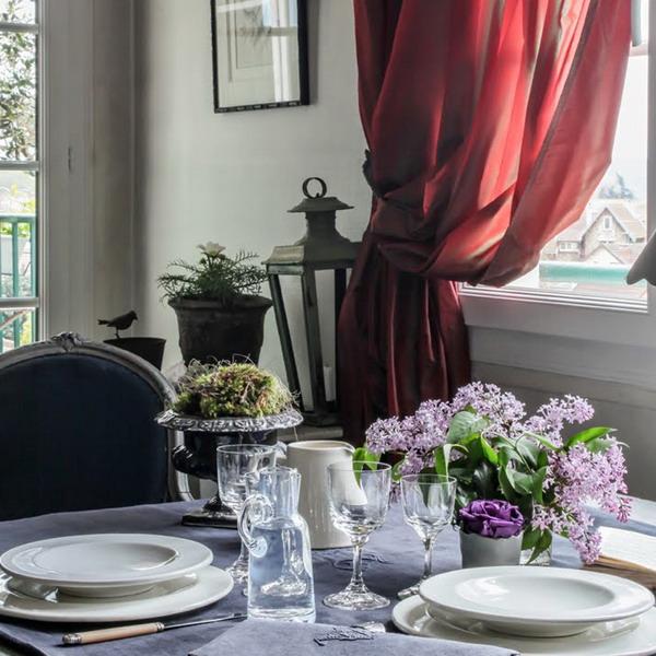 french style dining room decorating and table setting in gray and red colors