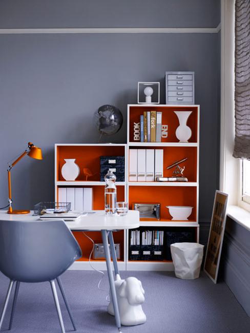 grayigh blue wall paint color and white red storage furniture for the office decorate at home
