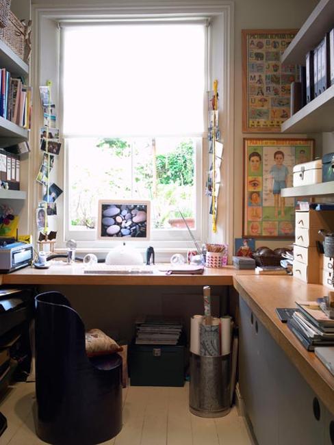 window office design with bookshelves