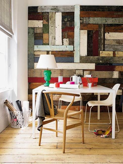 rescued wooden wall décor and wooden furniture for the office