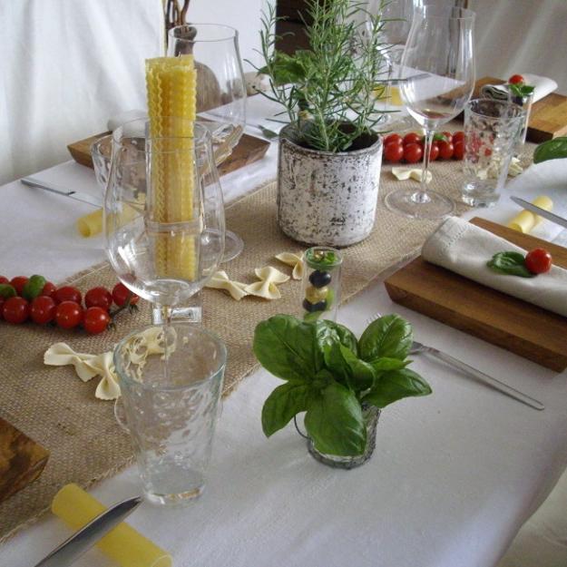 party table decoration with tomatoes and edible herbs