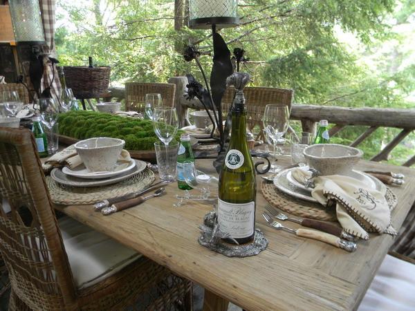 Landhaus table decoration, ceramic tableware, handmade table lamp and moss centerpiece 