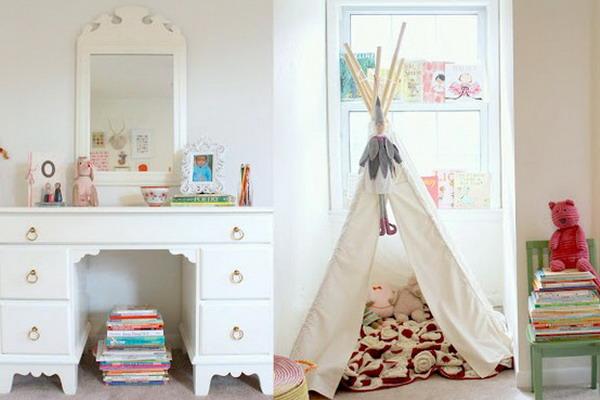 white decorating ideas for kids, tepee with white curtains