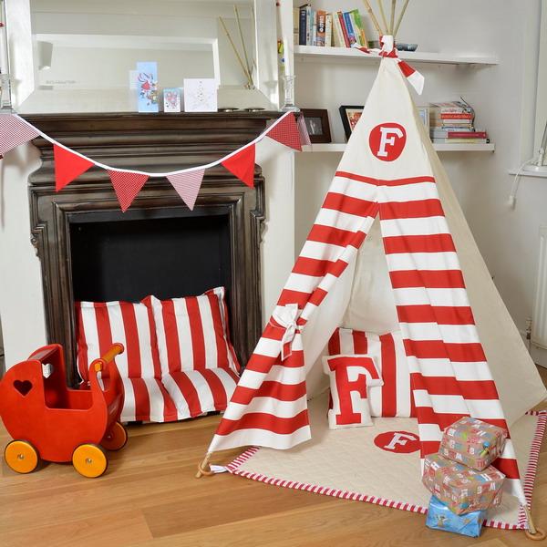 striped curtain fabric in white and red color combination for children with decoraitng Tipi