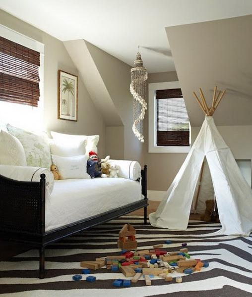 white tepee and white upholstery fabric for children's bedroom decor
