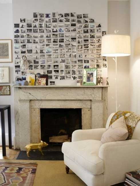 living room fireplace wall decoration with small photographs